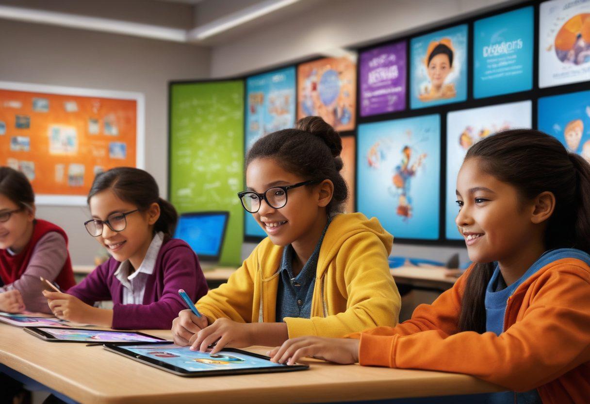 A dynamic classroom scene showcasing students engaging with a variety of interactive learning tools, such as tablets and smartboards. Include diverse learners collaborating and exploring educational content together, with vibrant expressions of curiosity and excitement. The background should feature colorful posters of educational themes and technologies. The setting conveys a modern, digital learning environment. vibrant colors. super-realistic.