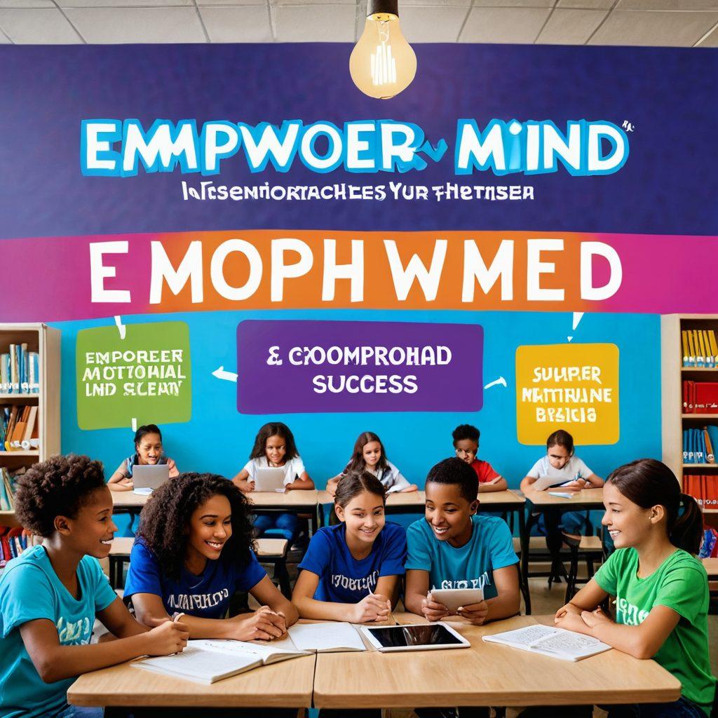 A vibrant classroom scene featuring diverse students engaged in tailored assessments on digital tablets, highlighting expressions of motivation and enthusiasm. Include a motivational poster on the wall that says 'Empower Your Mind', with a glowing lightbulb symbolizing ideas and success. The background should have bookshelves with colorful books and educational materials. super-realistic. vibrant colors. educational theme.